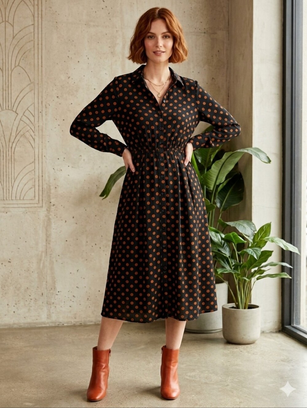 Sweet Salt Polka Dot Shirt Midi Dress in Black & Rust. Size Large.
